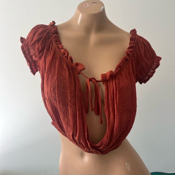 Rust Red Ruffled Women's Crop Top - Picture 2 of 4